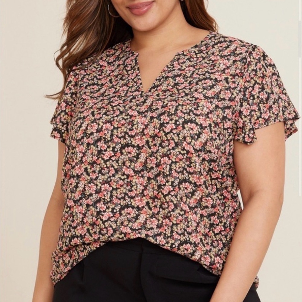 Maurice’s Floral Black and Pink Women's V-neck Blouse